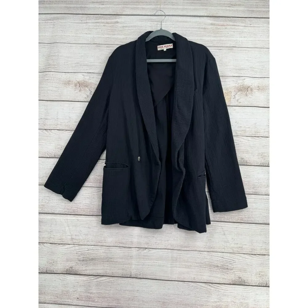 Free People Textured Double Breasted Blazer Womens Large‎ Black 2 Button Lined